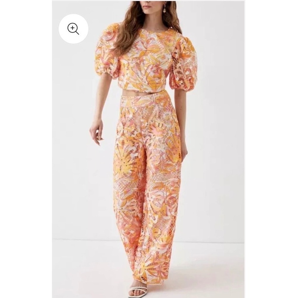 Pink Orange Tropical Floral Lace Two Piece Set Crop Top Wide Leg Pants XS